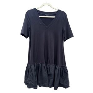 COS Navy Blue V Neck Mixed Media Tiered Ruffle Mini Dress Size S Preppy Academia